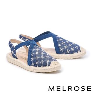 【MELROSE】美樂斯 度假風草編拼接牛仔布後鬆緊寬帶厚底鞋(藍)