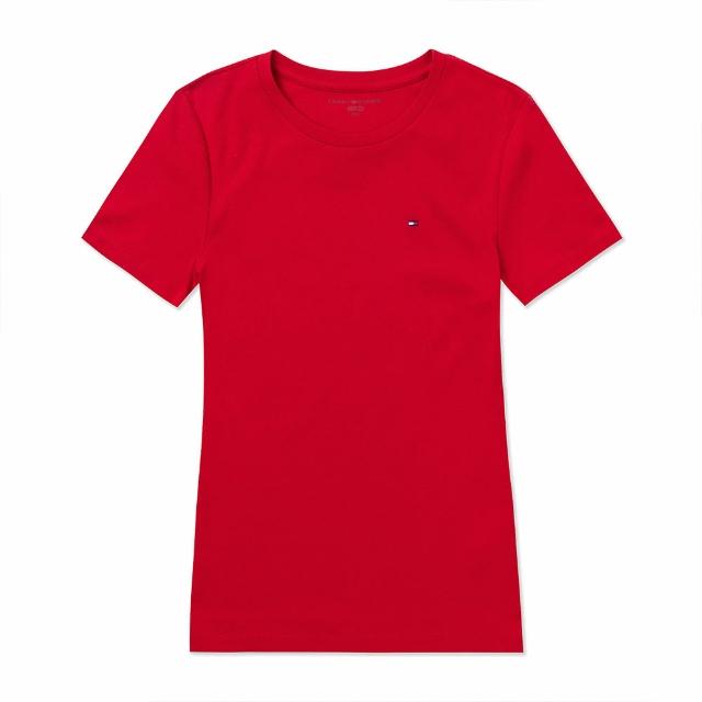 【Tommy Hilfiger】TOMMY 經典圓領Logo素面短袖T恤-女-紅色(平輸品/爆款/必備基本款)