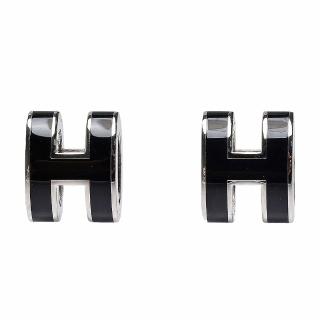 【Hermes 愛馬仕】經典Pop H立體簍空橢圓LOGO耳環(小_黑/銀H608002F-BLK-ARG)