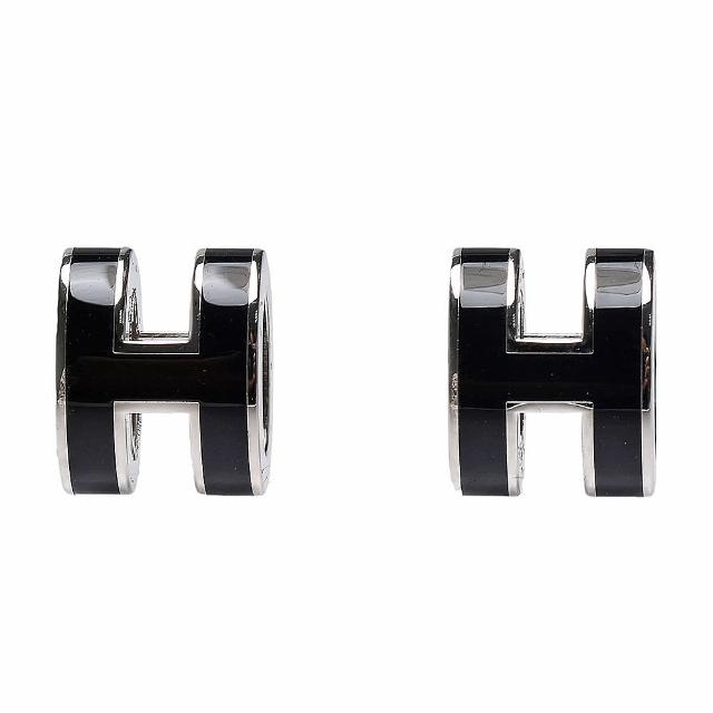 【Hermes 愛馬仕】經典Pop H立體簍空橢圓LOGO耳環(小_黑/銀H608002F-BLK-ARG)