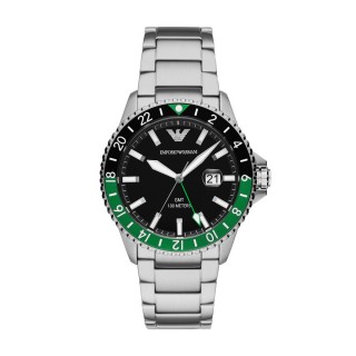 【EMPORIO ARMANI】機密特務GMT時尚腕錶-銀X黑綠(AR11589)