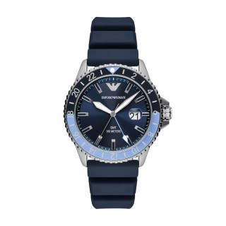 【EMPORIO ARMANI】機密特務GMT時尚腕錶-銀X藍(AR11592)