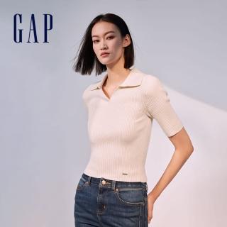 【GAP】女裝 翻領短袖針織衫 絨感針織系列-米色(406285)