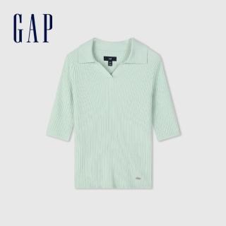 【GAP】女裝 翻領短袖針織衫 絨感針織系列-綠色(406285)