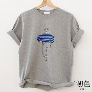 【初色】螺紋圓領時尚人物印花短袖T恤上衣-共3色-33125(M-2XL可選)