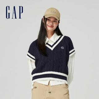 【GAP】女裝 Logo純棉V領短版針織背心-海軍藍(890004)