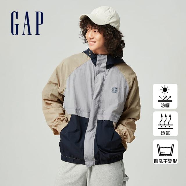 【GAP】男女同款 Logo防曬印花連帽外套-棕灰撞色(877515)