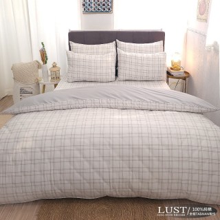 【Lust】淺白格紋 -100%純棉、雙人加大6尺精梳棉床包/枕套/薄被套組(台灣製造)
