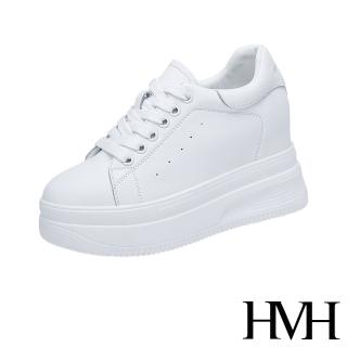 【HMH】真皮運動鞋 厚底運動鞋/真皮厚底內增高經典時尚休閒運動鞋(白)