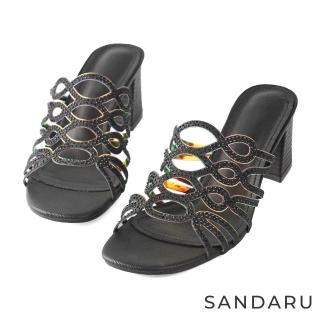 【SANDARU 山打努】拖鞋 曲線水鑽粗跟高跟涼鞋(黑)
