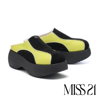【MISS 21】微酸個性潮感LOGO異材質拼接撞色大頭厚底穆勒拖鞋(黑)