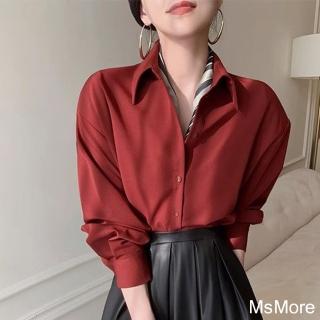 【MsMore】法式高級設計感酒紅色長袖氣質時尚職業通勤襯衫短版上衣#121053(酒紅)