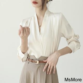 【MsMore】長袖V領白色☆面襯衫小香收腰漂亮短版上衣#121071(杏)
