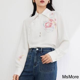 【MsMore】絲質新中式襯衫長袖刺繡短版白色上衣#121152(白)