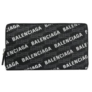 【Balenciaga 巴黎世家】經典品牌LOGO雙B印花拉鍊發財零錢長夾(黑)