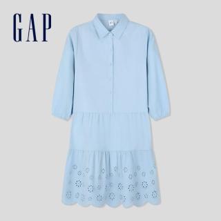 【GAP】女裝 純棉翻領長袖洋裝-淺藍色(891083)