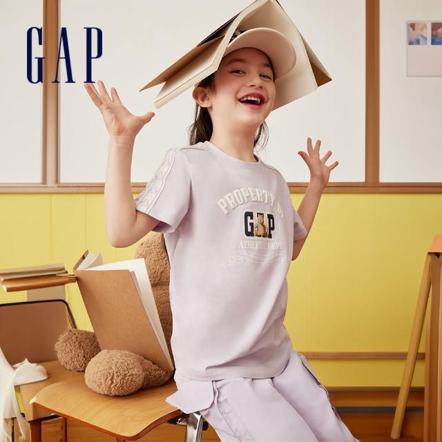 【GAP】女童裝 Logo純棉小熊印花圓領短袖T恤-紫色(891988)