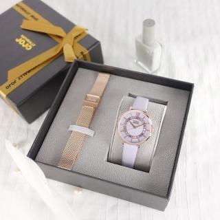 【NATURALLY JOJO】珍珠母貝 晶鑽閃耀 藍寶石水晶玻璃 真皮手錶 禮盒組 紫色x玫瑰金框 34mm(JO96994-77R)