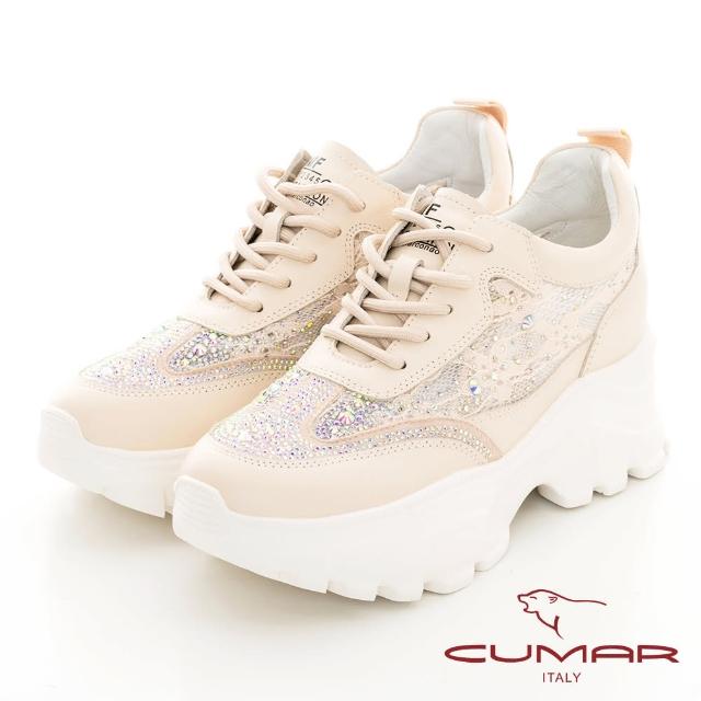 【CUMAR】透膚網布貼鑽厚底綁帶休閒鞋(粉紅色)