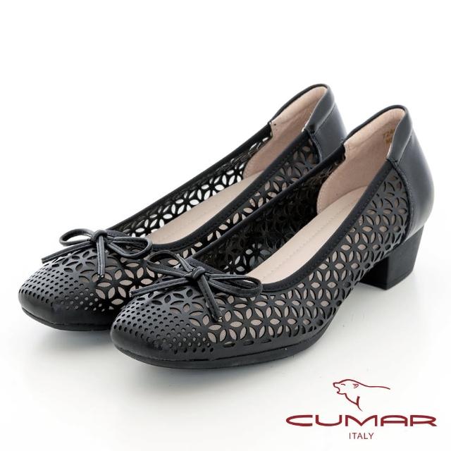 【CUMAR】鏤空蝴蝶結小方頭粗跟鞋(黑色)