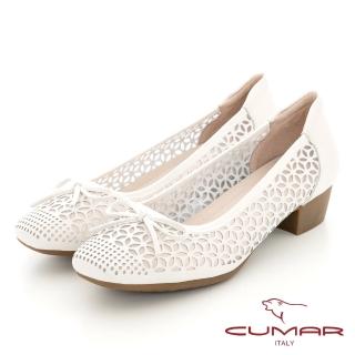 【CUMAR】鏤空蝴蝶結小方頭粗跟鞋(白色)