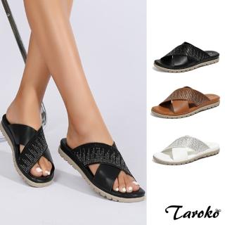 【Taroko】復古低調閃亮水鑽交叉平底大尺碼涼鞋(3色可選)