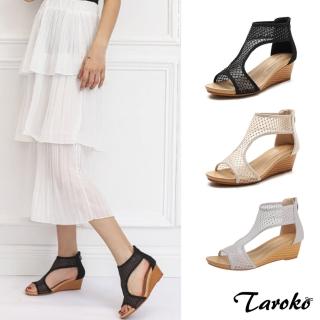 【Taroko】夏季透氣網面坡跟厚底大尺碼涼鞋(3色可選)