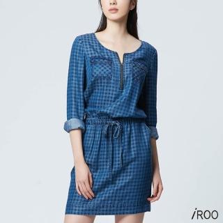 【iROO】圓領格紋長袖洋裝
