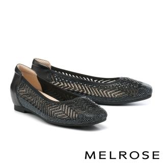 【MELROSE】美樂斯 華麗晶鑽網布拼接羊皮內增高方頭低跟鞋(黑)