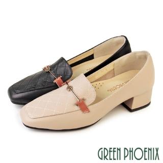 【GREEN PHOENIX 波兒德】女鞋 高跟鞋 樂福鞋 包鞋 粗跟 粗中跟 馬銜釦 全真皮 台灣製(粉紅、黑色)