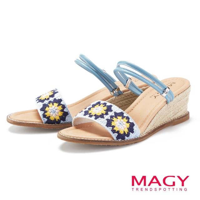 【MAGY】刺繡麻編楔型2穿涼拖鞋(藍色)