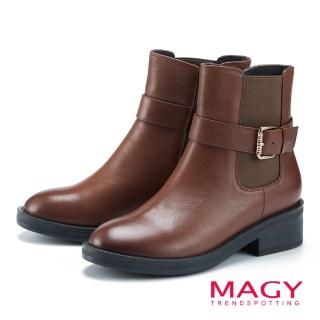 【MAGY】個性皮帶釦環真皮粗中跟短靴(咖啡)