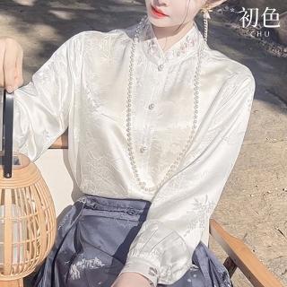 【初色】素色立領中式復古植物刺繡長袖襯衫上衣女上衣-白色-32767(M-2XL可選)
