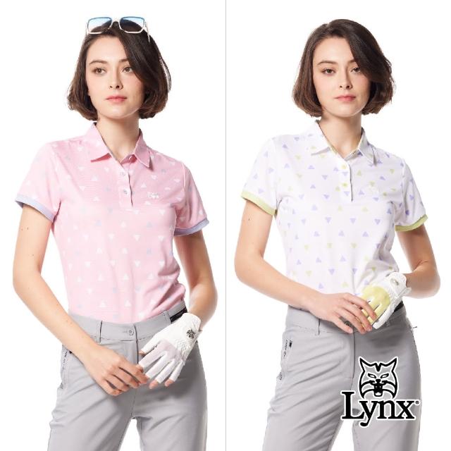 【Lynx Golf】女款吸溼排汗機能水波紋布料滿版小三角印花山貓膠標開杈款短袖POLO衫/高爾夫球衫(二色)