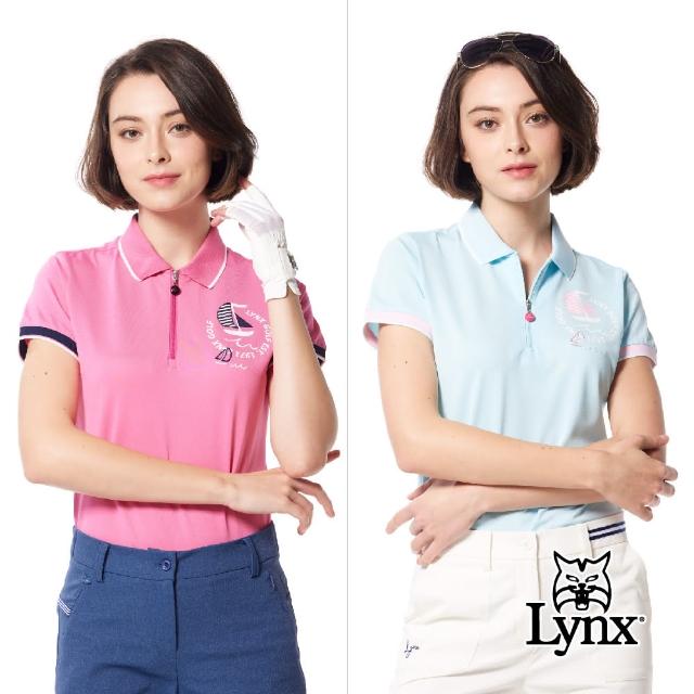 【Lynx Golf】女款吸排抗UV機能材質精美電腦領袖口剪接羅紋造型帆船繡花短袖立領POLO衫/高爾夫球衫(二色)
