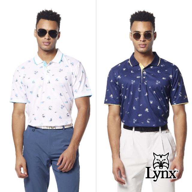 【Lynx Golf】男款吸溼排汗機能織紋布材質滿版熱帶風情印花配色條領短袖POLO衫/高爾夫球衫(二色)
