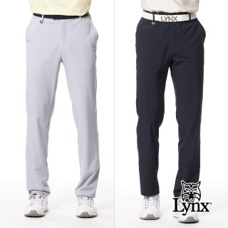 【Lynx Golf】男款彈性舒適防潑水機能口袋山貓印花兩側配布剪裁造型後腰網布剪接平口休閒長褲(二色)