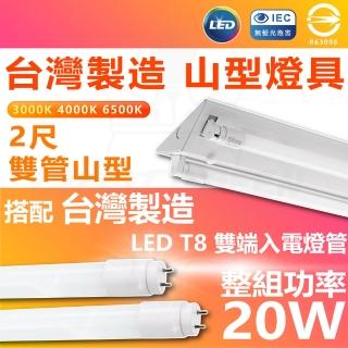 【台灣CNS認證 台灣製造】單入 LED山型燈具 雙管 2尺 LED 燈管 雙端入電(白光/中性光/黃光)
