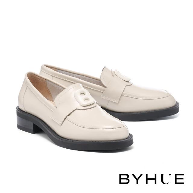 【BYHUE】簡約質感B字大釦全真皮軟芯樂福厚底鞋(米白)