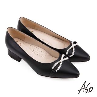 【A.S.O 阿瘦集團】A.S.O 窩心系列珍珠尖楦淺口真皮低跟鞋(黑色)