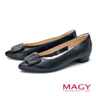 【MAGY】方釦牛皮尖頭低跟鞋(黑色)