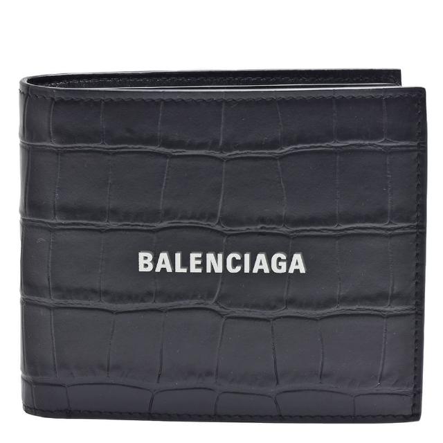 【Balenciaga 巴黎世家】經典品牌字母LOGO鱷魚壓紋牛皮對折短夾(黑色594315-1ROP3-1000)