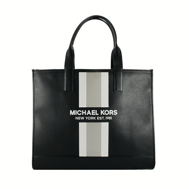 【Michael Kors】大包-新款直條紋皮革有型寬底側肩/購物包(黑)