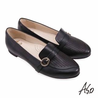【A.S.O 阿瘦集團】A.S.O窩心系列 羊皮 雷雕皮帶扣樂福平底鞋(黑)