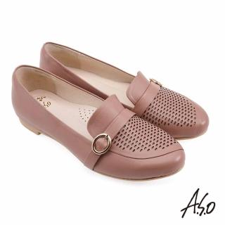 【A.S.O 阿瘦集團】A.S.O窩心系列 羊皮 雷雕皮帶扣樂福平底鞋(粉紅)