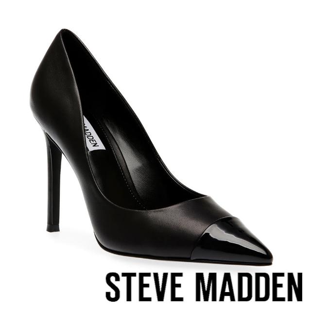 【STEVE MADDEN】EVELYN-C 皮革拼接尖頭高跟鞋(黑色)