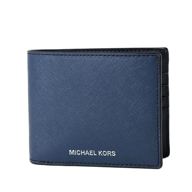 【Michael Kors】男款 銀字燙印LOGO防刮八卡短夾/附證件夾-藍色