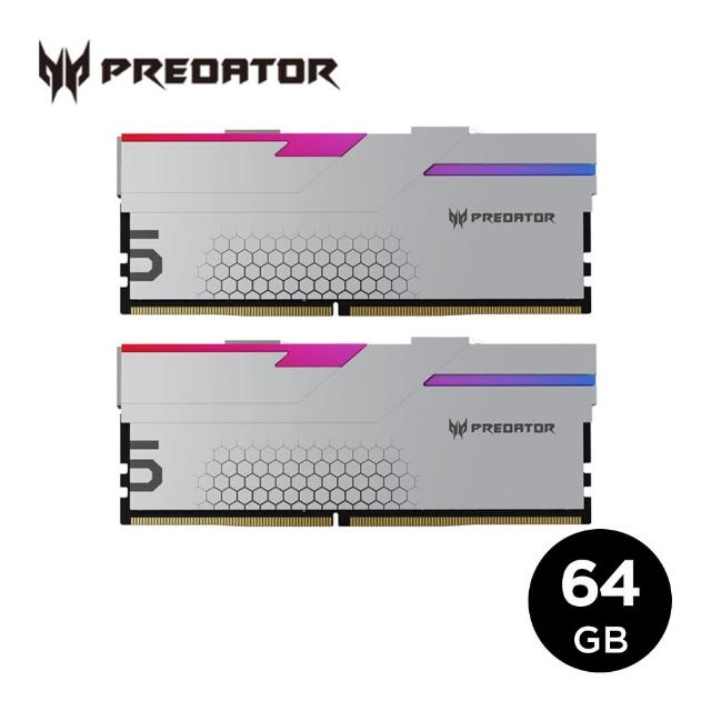 【Acer 宏碁】Predator Hermes RGB DDR5-6400 64GB 超頻桌上型記憶體 銀色(32G*2 CL32)