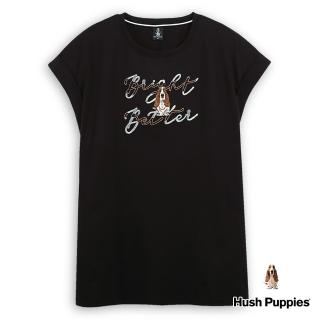 【Hush Puppies】女裝 上衣 雙色質感文字刺繡狗長版上衣(黑色 / 43210101)