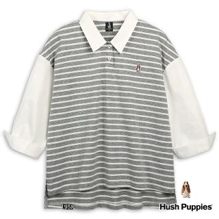 【Hush Puppies】女裝 上衣 簡約條紋異材質拼接假兩件襯衫領上衣(灰色 / 43210107)